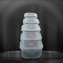Side view of five versatile kitchen storage containers with snap-lock lids.