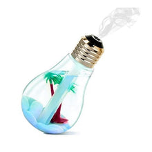 A clear bulb-shaped humidifier with a red and green palm tree inside emits mist against a white background.