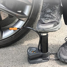 A person using the foot bike pump to quickly inflate a sports ball.