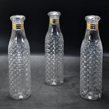 Close-up of the translucent diamond cut water bottles, highlighting their durable plastic.