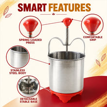 A stainless steel medu vada maker with red accents, highlighting its spring-loaded press, comfortable grip, stainless steel