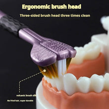 Close-up of a purple three-sided toothbrush demonstrating cleaning on a dental model with text overlays.