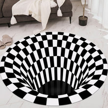 3D space round carpet with checkered vortex optical illusion design