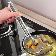 2-in-1 Stainless Steel Frying Filter Spoon with Clip for kitchen use.