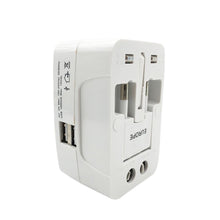 Angled view of the white universal travel adapter, showing its various ports and retractable pins.