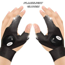 Outdoor flashlight gloves in use, brightly illuminating a path during a night hike.