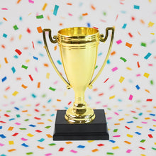Golden Cheers Birthday Award plastic trophy with printed base label