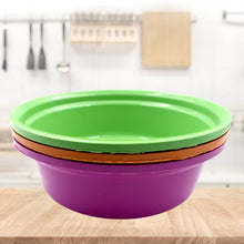 Top view of a round plastic bowl, showcasing its practical depth and size.