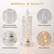 A clear faceted crystal LED candle light with callouts detailing its clear acrylic body, flame-shaped tip, smooth finished
