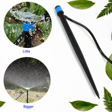 A black and blue water dripper with a thin black hose, surrounded by green leaves, with two circular insets showing – view 3