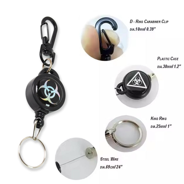A black retractable keychain with a biohazard symbol and callouts detailing its dimensions and components.