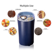 A dark blue electric grinder is surrounded by circles showing various ingredients it can grind, including coffee beans,