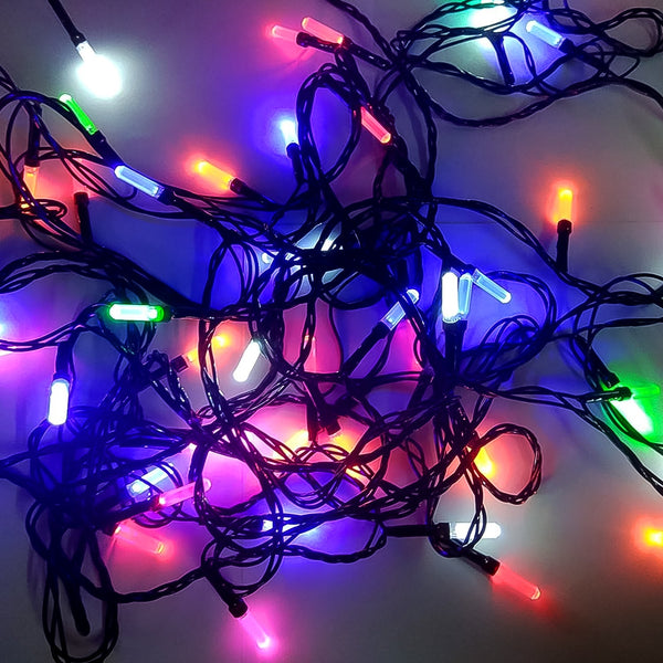 Multi-color Diwali LED string light illuminating a festive home setting.