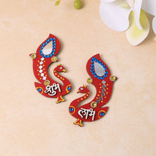 Auspicious wooden Shubh Labh wall hanging showcasing colorful peacock craftsmanship