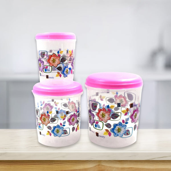 Three plastic storage containers, ideal for organizing items in a home or office setting.