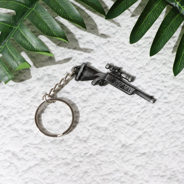 Metal Rifle Gun Keychain on white background showing detailed weapon-inspired design