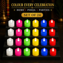 Twenty-four glowing multicolor LED tealight candles displayed on a tiered black stand, with decorative elements in the