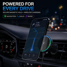 A smartphone displaying a navigation map, wirelessly charging on a magnetic mount with RGB lights in a car interior at night.