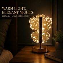 A golden butterfly LED lamp with warm light on a nightstand, text overlay about elegant nights.