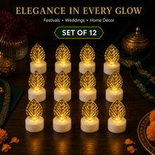 Twelve golden leaf LED candles glowing on a dark wooden surface, with text overlay 'Elegance in Every Glow'.