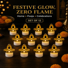 Twelve golden diya LED tealight candles with white bases, glowing on a dark wooden surface surrounded by festive decorations.
