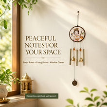 The Krishna wind chime hangs on a wall next to a window, with text promoting peaceful notes for your space.