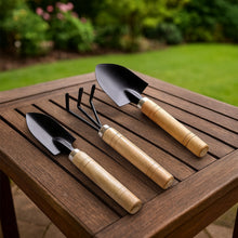 3-piece garden tool kit with durable wooden handles and metal heads