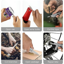 A collage of six images demonstrating the multi-tool's functions, including opening cans, bottles, and cutting rope.