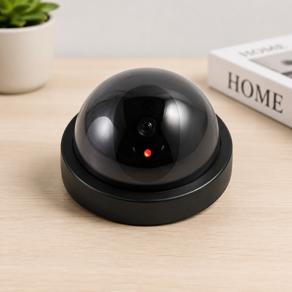 Black dome dummy security camera with a red light, sitting on a light wooden desk next to a white book and green plant.