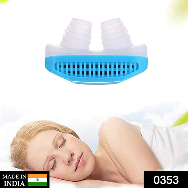 A blue and white anti-snoring nose clip with a sleeping woman, and a "Made in India" label.