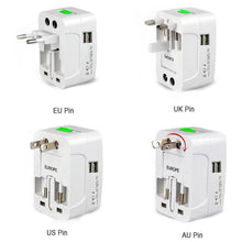Four views of the white universal travel adapter, demonstrating its EU, UK, US, and AU pin configurations.