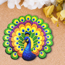 Side angle showing thickness and edge finish of round peacock floor mat