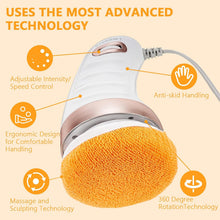 A white and rose gold massager with an orange pad, highlighting features like adjustable intensity, anti-skid handling,