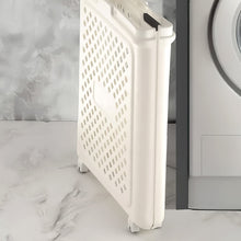 Laundry basket with wheels showcasing size scale and foldable feature