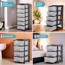 Front view of 6-layer plastic drawer organizer with stone texture and sturdy black frame