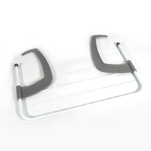 White and gray clothes drying rack with curved gray arms, viewed from a slight angle on a white background.