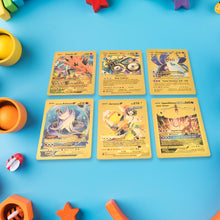 Stack of golden trading cards with unique character designs visible.
