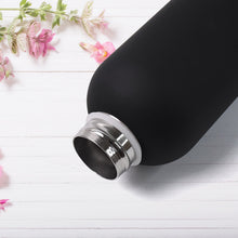 Closeup of stainless steel water bottle showing vacuum insulation design