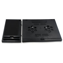 Compact foldable laptop stand with phone holder, ideal for desk and travel.