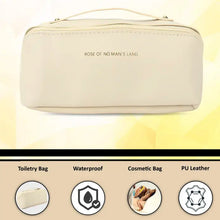 Travel organizer makeup bag with sturdy stitched handle for carrying