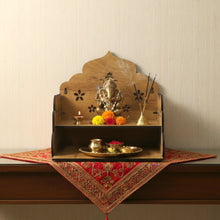 Wooden pooja mandir with top platform and lower shelf for idols and essentials