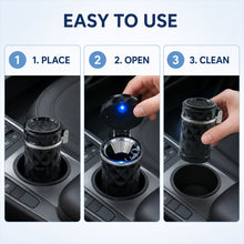 Three panels showing how to use the ashtray: placing it, opening it, and removing it for cleaning.