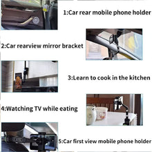 A collage of five images demonstrating the phone holder's various uses in a car, kitchen, and for entertainment.