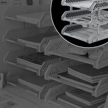 Side view of multi-layer file rack drawers stacked neatly on a shelf.