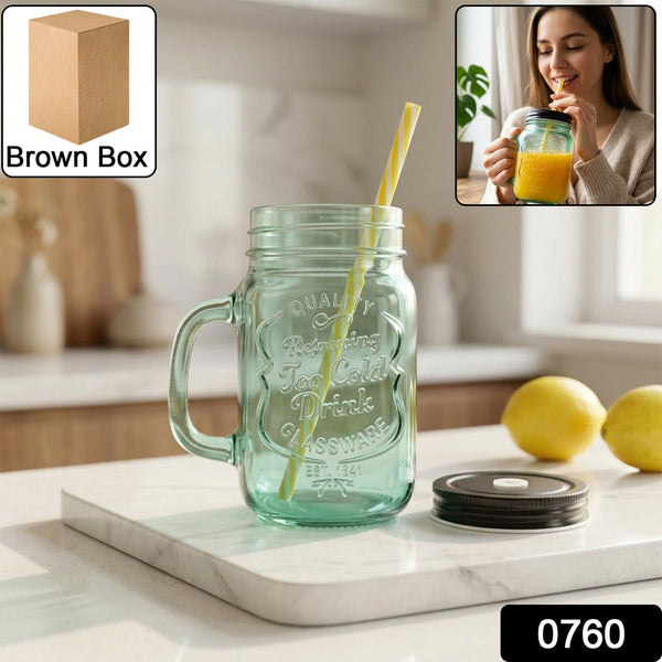 Glass Mason Jar with Handle on a rustic wooden table, ready for a refreshing drink.