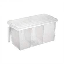 Airtight refrigerator storage box with internal dividers for various items.