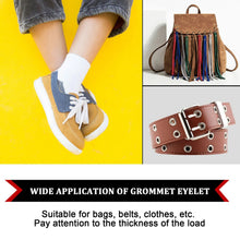Collage showing a person's feet in shoes, a brown fringed backpack, and a brown belt with many eyelets.