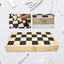 A game in progress on the elegant folding wooden chess set, showing the chessmen on the board.
