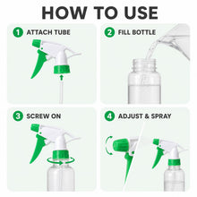 Four-panel guide illustrating how to attach, fill, screw on, and adjust the sprayer nozzle.