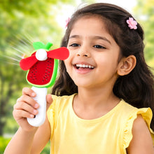 Close side view of a hand press mini portable fan in bright colors